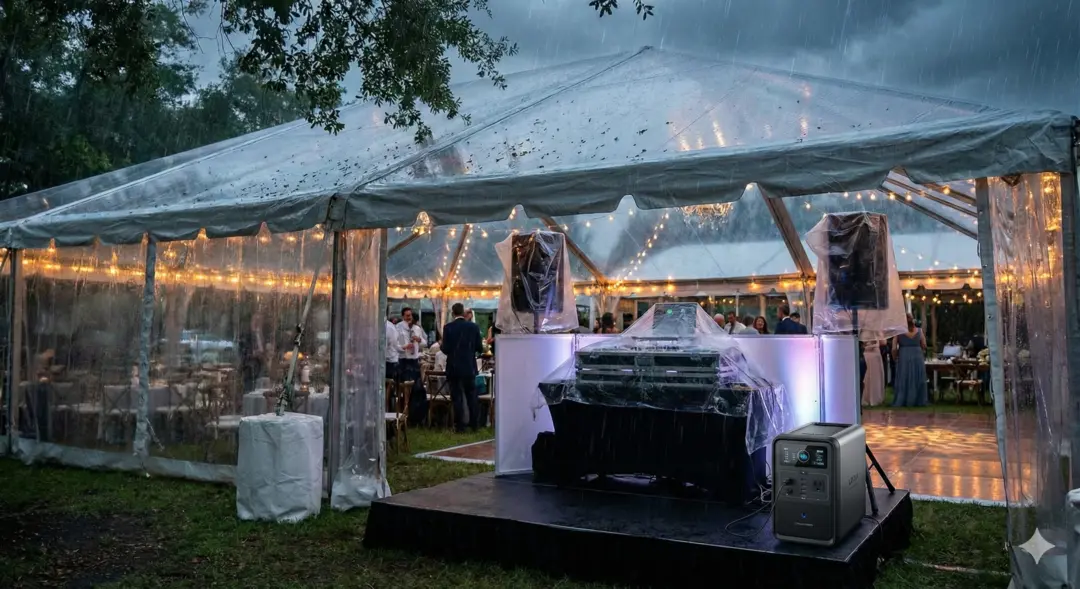 DJ Toumas setup at an outdoor Tampa wedding venue with clear tent